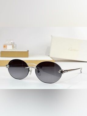 Cartier Silver Rim Oval Sunglasses with Gradient Black Lenses